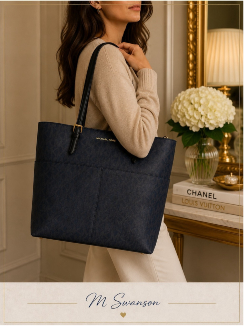 Michael Kors Large Bedford Tote – Navy MK Signature Logo Canvas - Picture 2 of 12